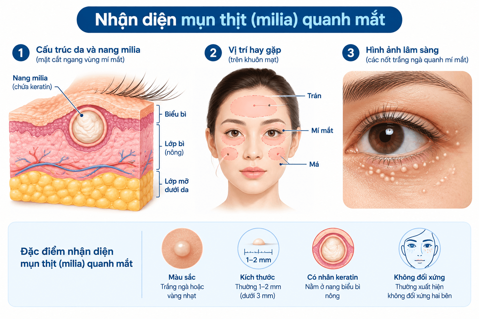 Đặc điểm điển hình của milia quanh mắt