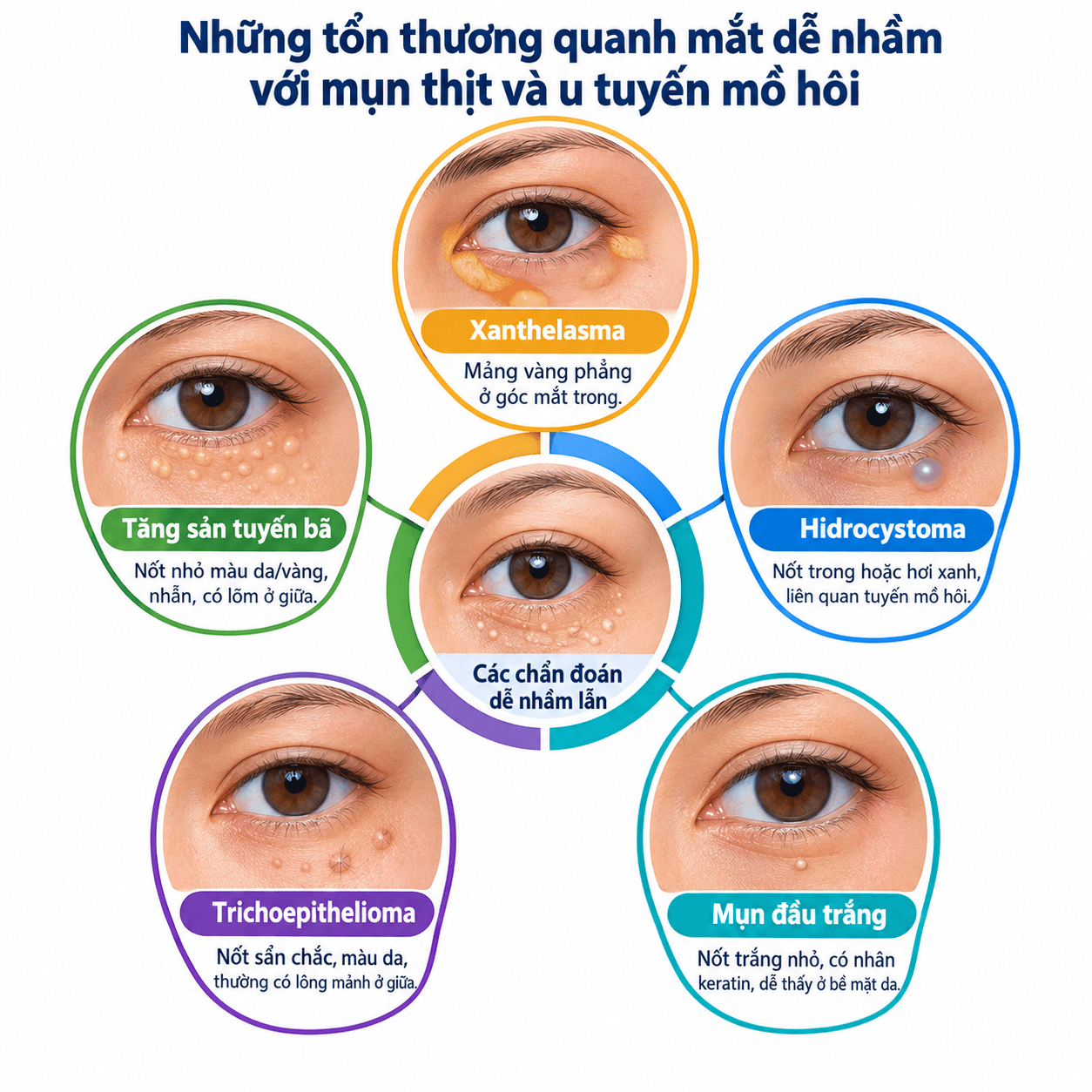 Những tổn thương quanh mắt dễ nhầm với mụn thịt và u tuyến mồ hôi