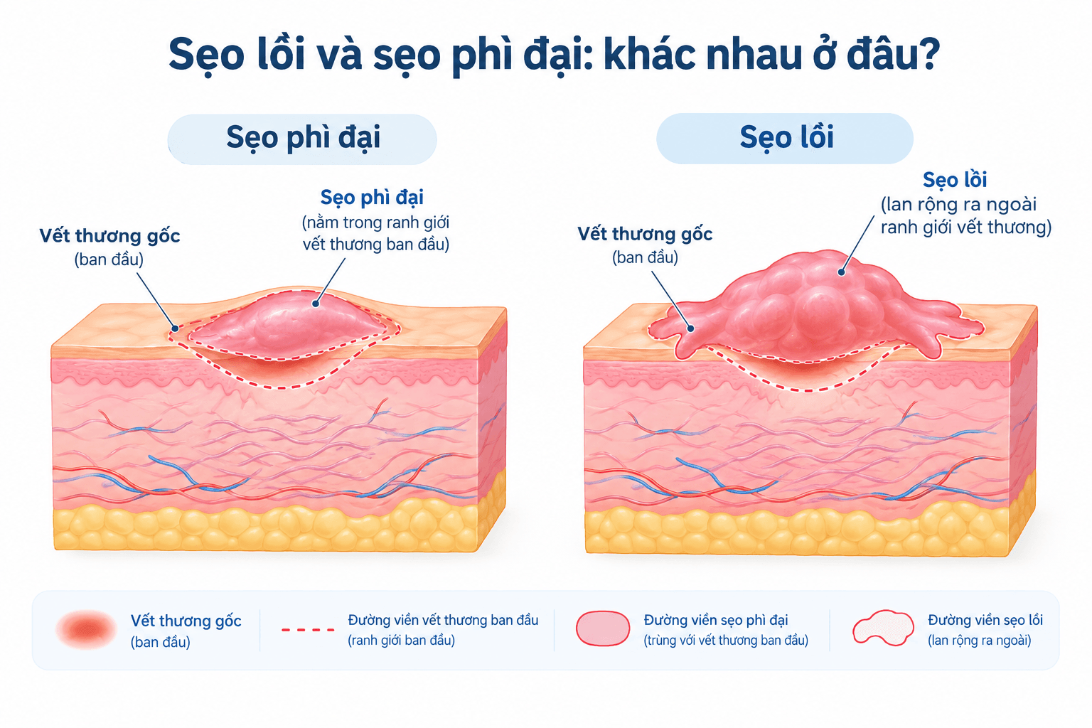 So sánh ranh giới phát triển của sẹo lồi và sẹo phì đại so với vết thương ban đầu