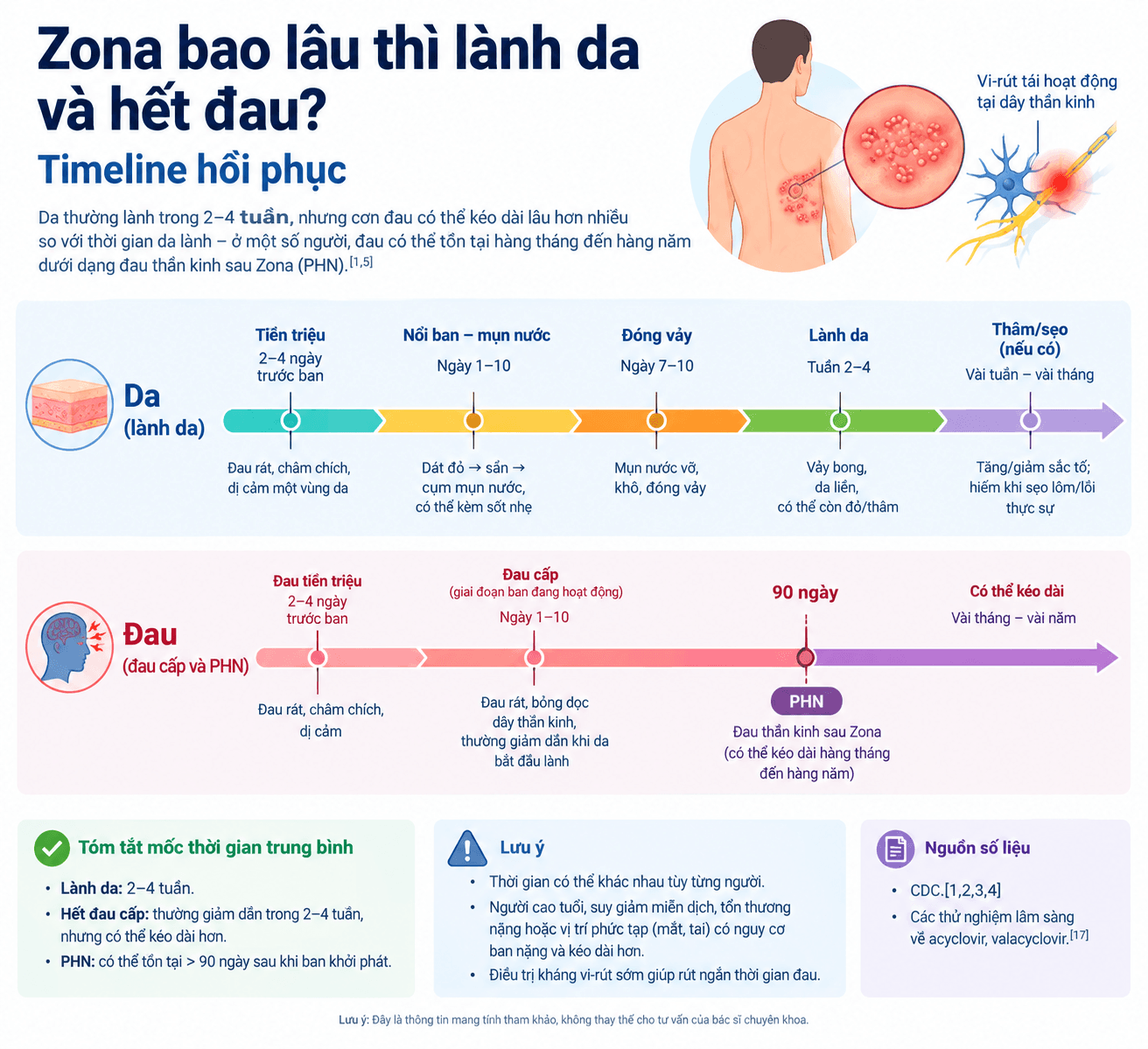 Infographic so sánh thời gian lành da và thời gian hết đau ở bệnh nhân Zona thần kinh.