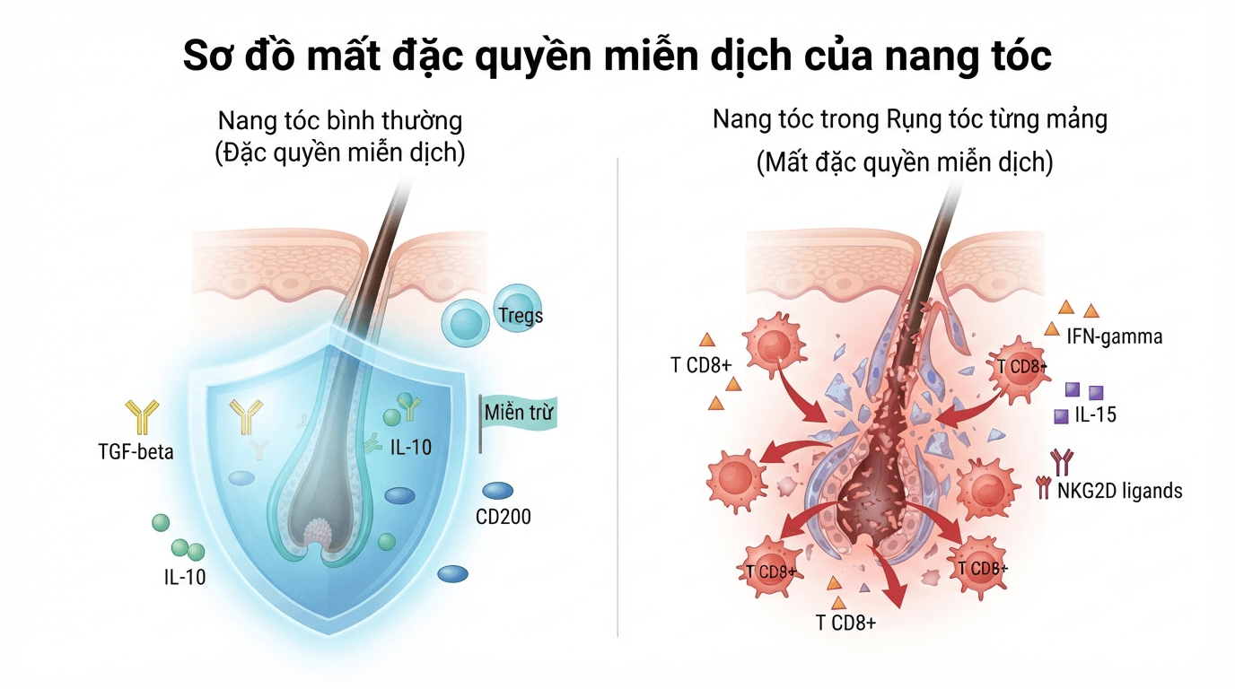 Sơ đồ mất "đặc quyền miễn dịch" của nang tóc