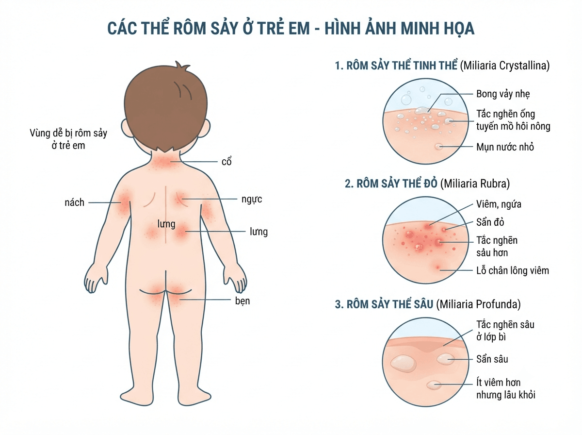 Vị trí và biểu hiện thường gặp của rôm sảy