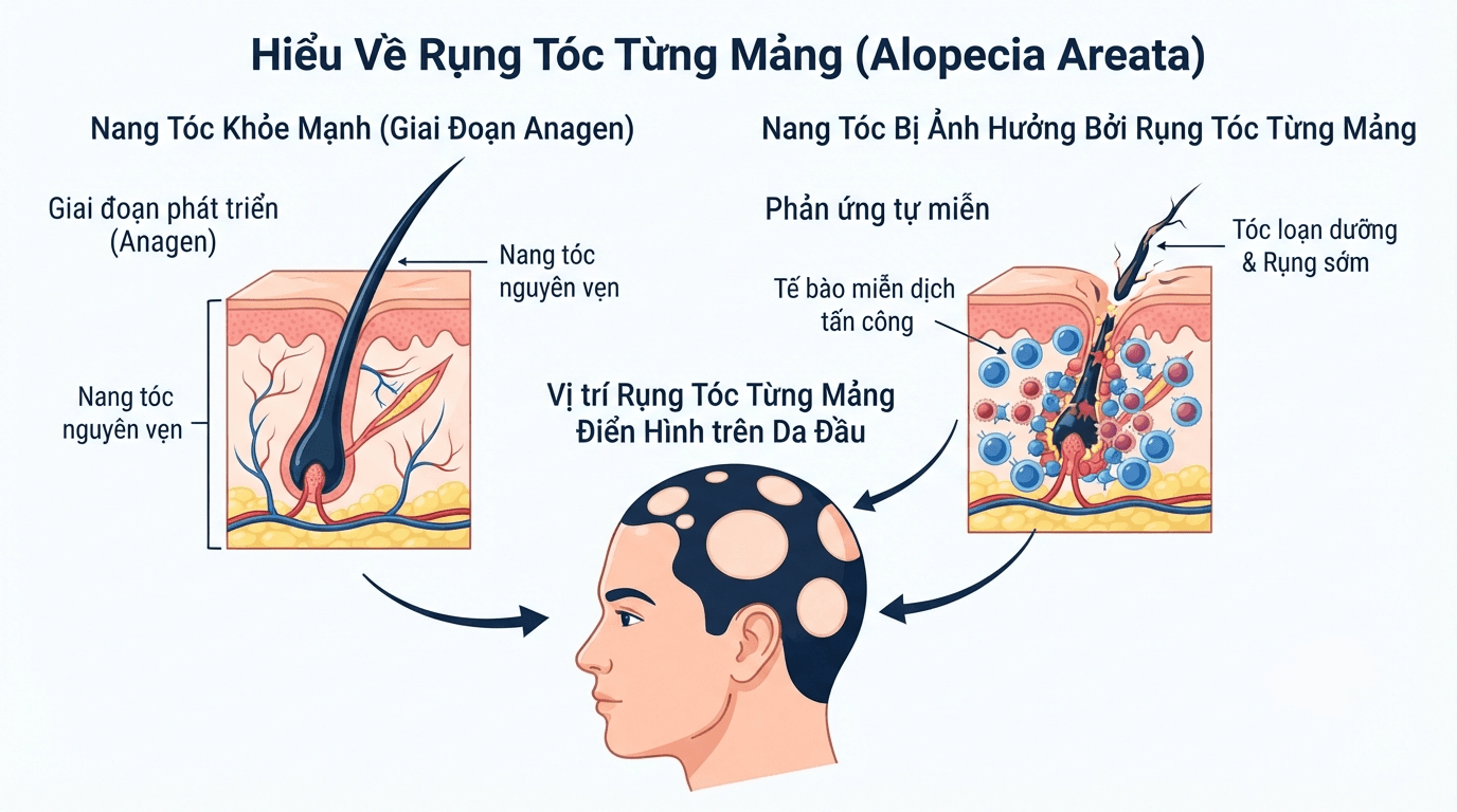 Rụng tóc từng mảng là gì và nang tóc bị ảnh hưởng như thế nào