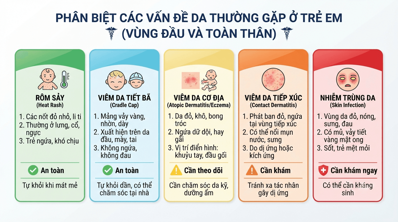 Phân biệt rôm sảy và các dạng viêm da vùng đầu