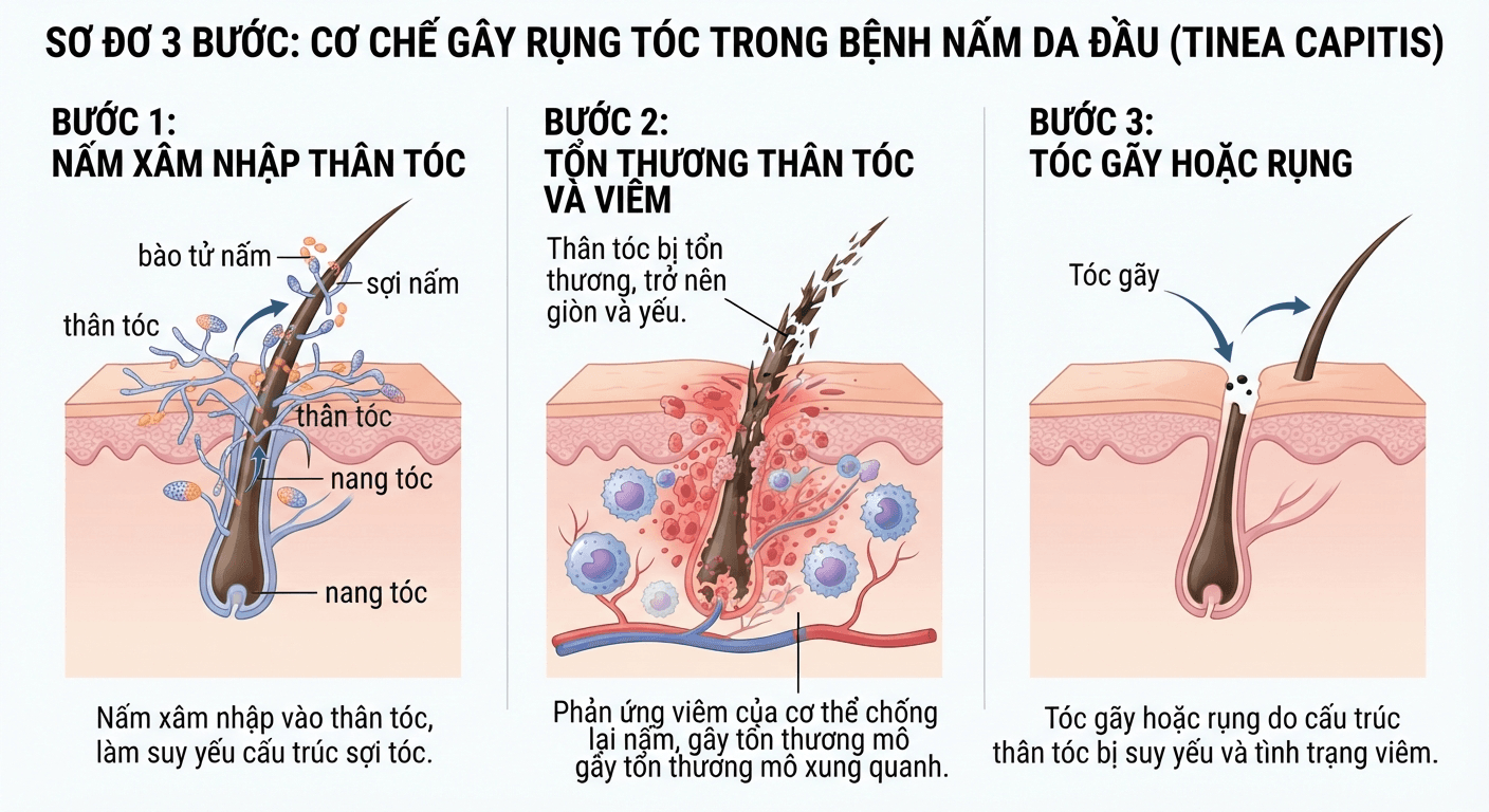 Nấm da đầu gây rụng tóc như thế nào?